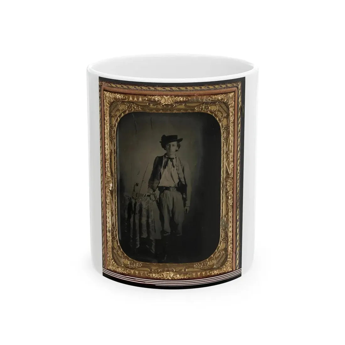 Private Lucien Love Of Co. D, 43rd Virginia Cavalry Battalion, In Uniform With Sword (U.S. Civil War) White Coffee Mug 11oz - Go Mug Yourself