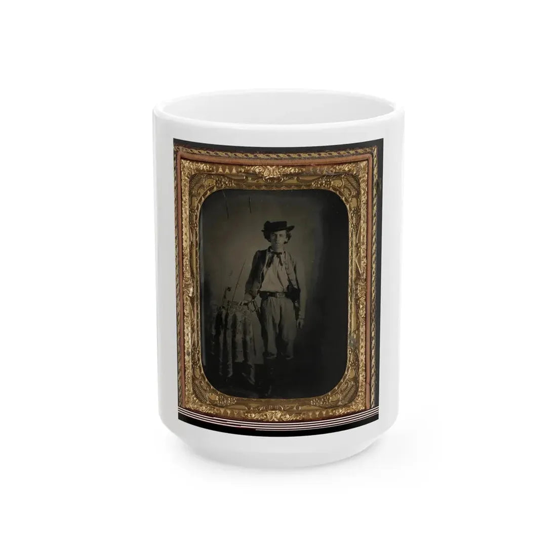 Private Lucien Love Of Co. D, 43rd Virginia Cavalry Battalion, In Uniform With Sword (U.S. Civil War) White Coffee Mug 15oz - Go Mug Yourself