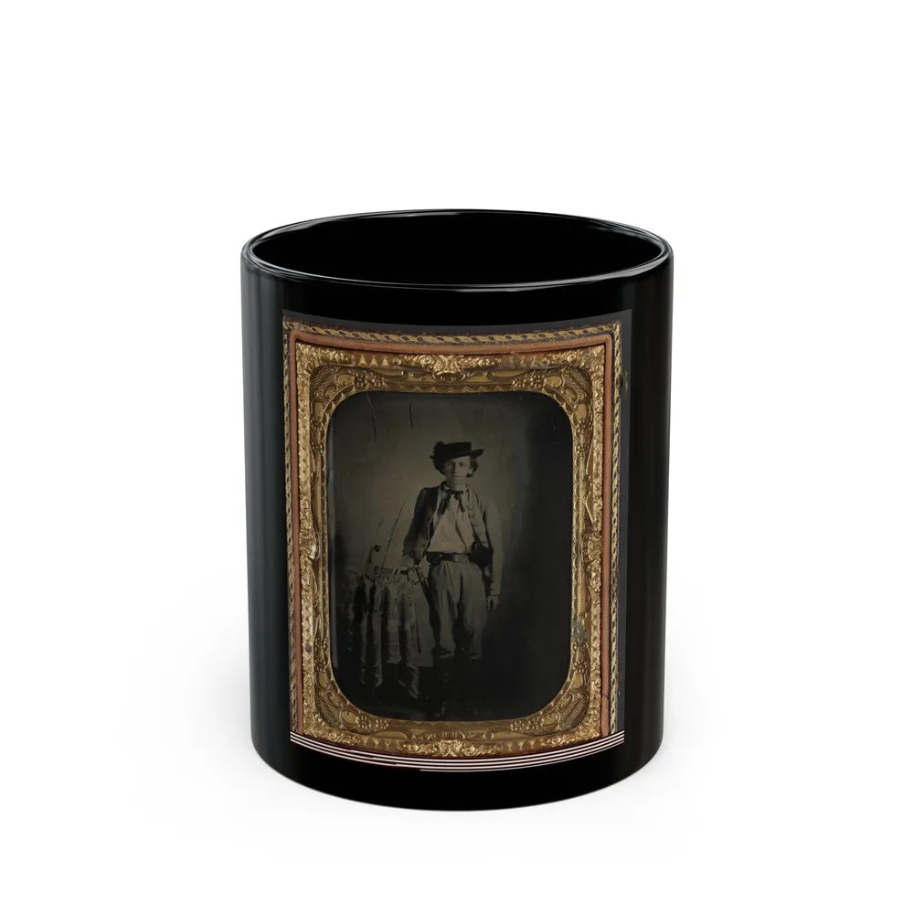 Private Lucien Love Of Co. D, 43rd Virginia Cavalry Battalion, In Uniform With Sword (U.S. Civil War) Black Coffee Mug-11oz-Go Mug Yourself