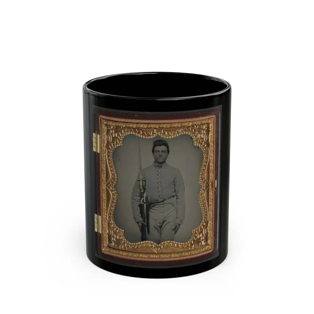 Private Parris P. Casey Of Company I, Cherokee Rangers, 19th Alabama Infantry Regiment, With Bayoneted Musket (U.S. Civil War) Black Coffee Mug-11oz-Go Mug Yourself