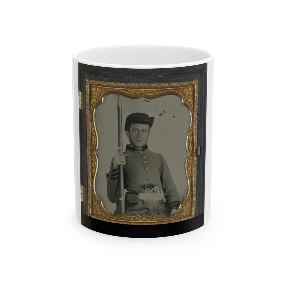 Private Peter Lauck Kurtz Of Company A, 5th Virginia Infantry Regiment, In Uniform With Musket And Revolver (U.S. Civil War) White Coffee Mug-11oz-Go Mug Yourself