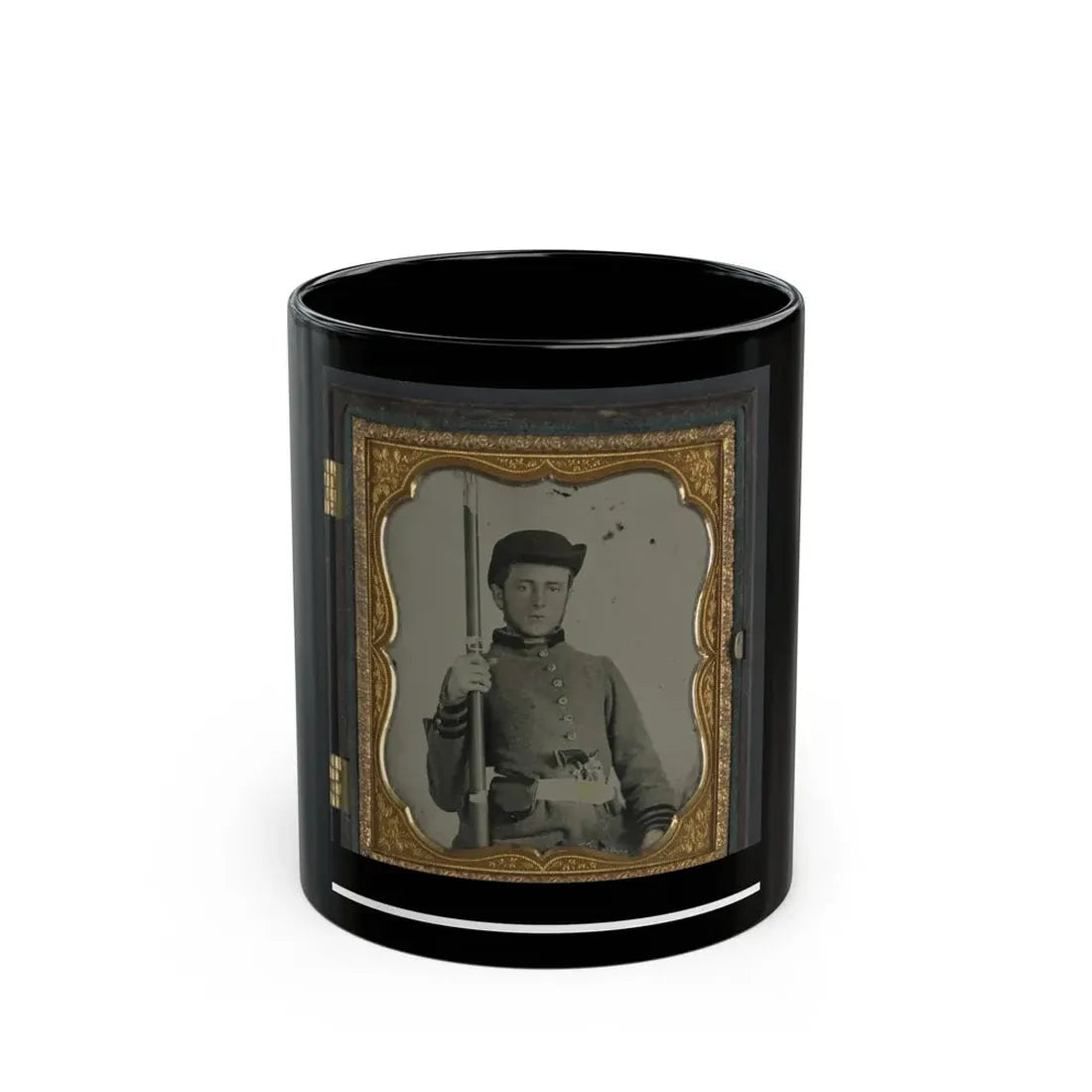 Private Peter Lauck Kurtz Of Company A, 5th Virginia Infantry Regiment, In Uniform With Musket And Revolver (U.S. Civil War) Black Coffee Mug 11oz - Go Mug Yourself