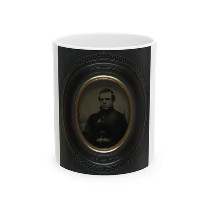 Private Roscoe G. Davenport Of Company H, 21st Maine Infantry In Front Of Painted Backdrop Showing Rugged Coast (U.S. Civil War) White Coffee Mug-11oz-Go Mug Yourself