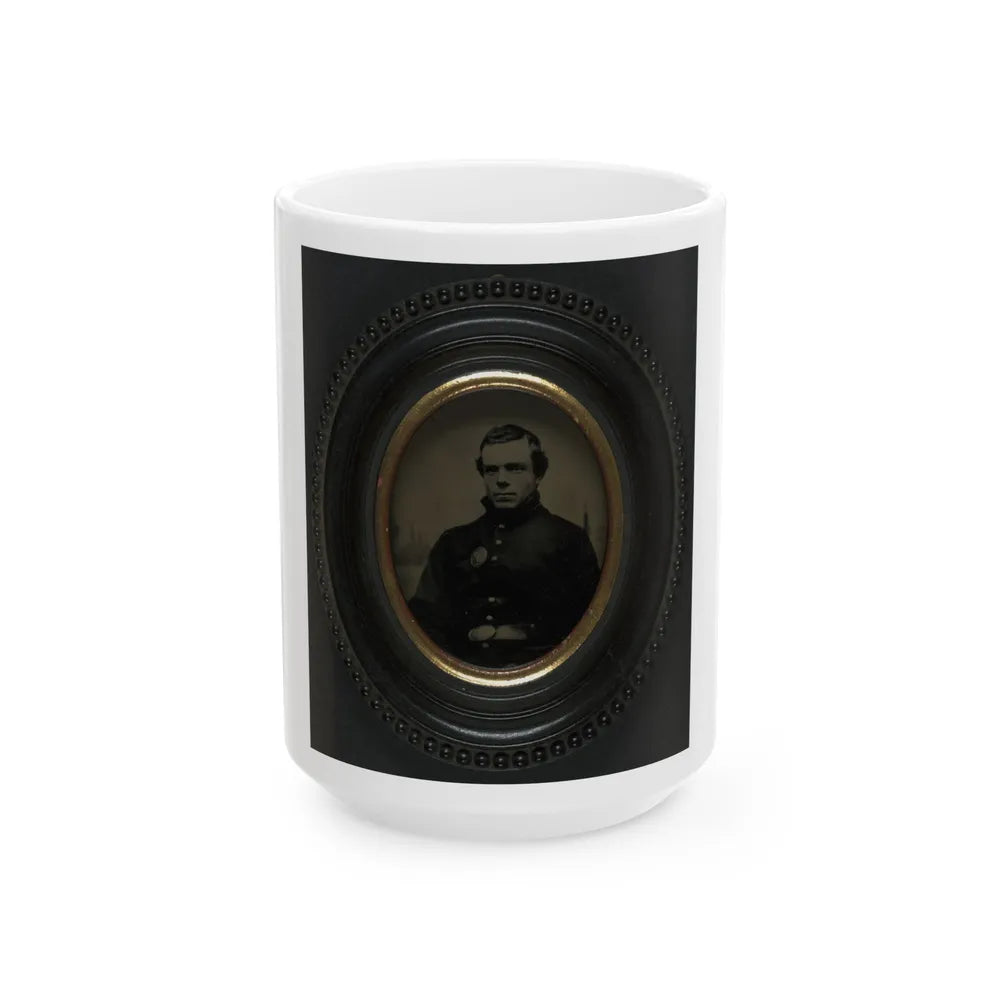 Private Roscoe G. Davenport Of Company H, 21st Maine Infantry In Front Of Painted Backdrop Showing Rugged Coast (U.S. Civil War) White Coffee Mug-15oz-Go Mug Yourself