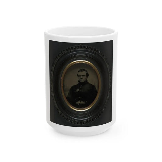 Private Roscoe G. Davenport Of Company H, 21st Maine Infantry In Front Of Painted Backdrop Showing Rugged Coast (U.S. Civil War) White Coffee Mug-15oz-Go Mug Yourself