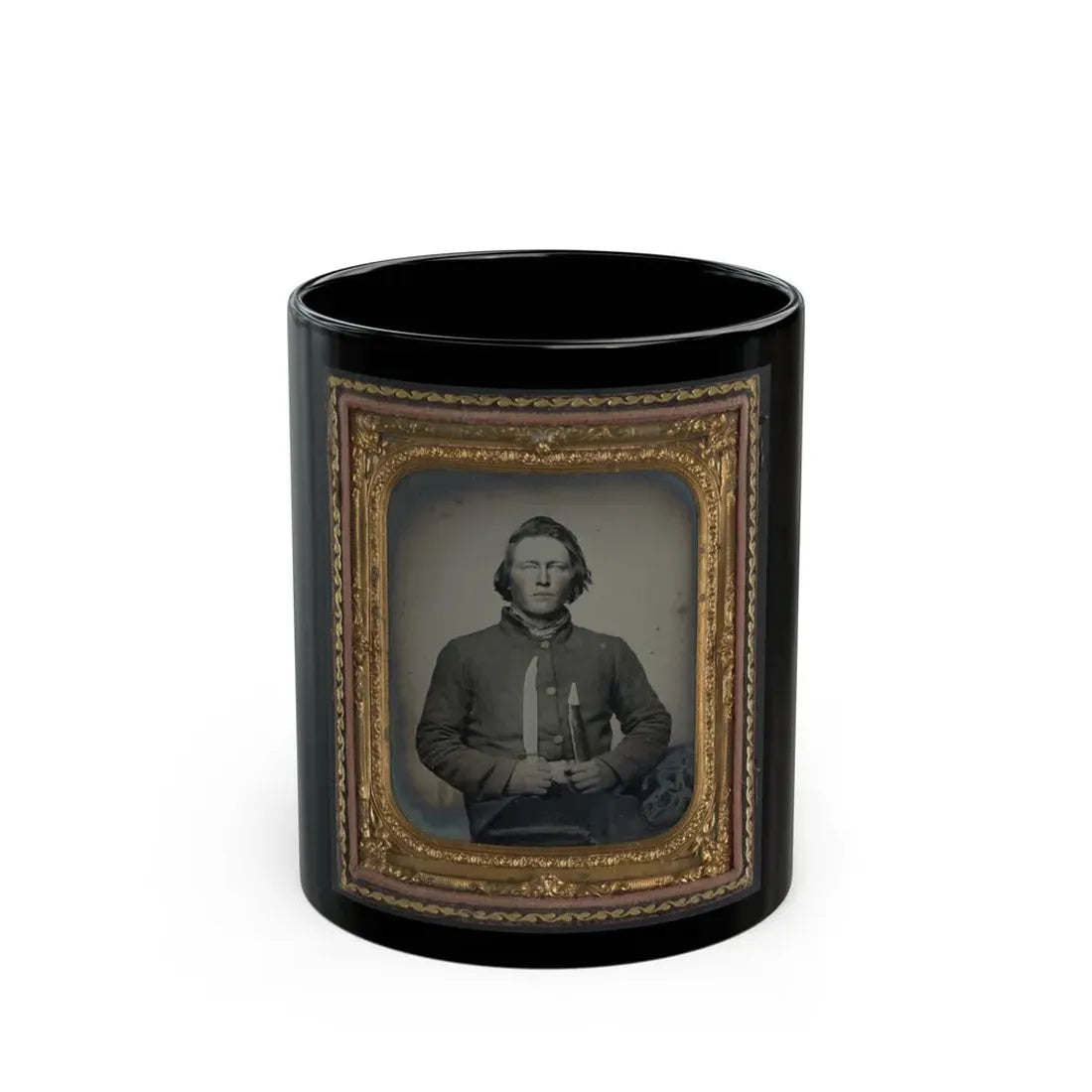 Private Samuel H. Wilhelm Of I Company, 4th Virginia Infantry Regiment With Knife (U.S. Civil War) Black Coffee Mug 11oz - Go Mug Yourself