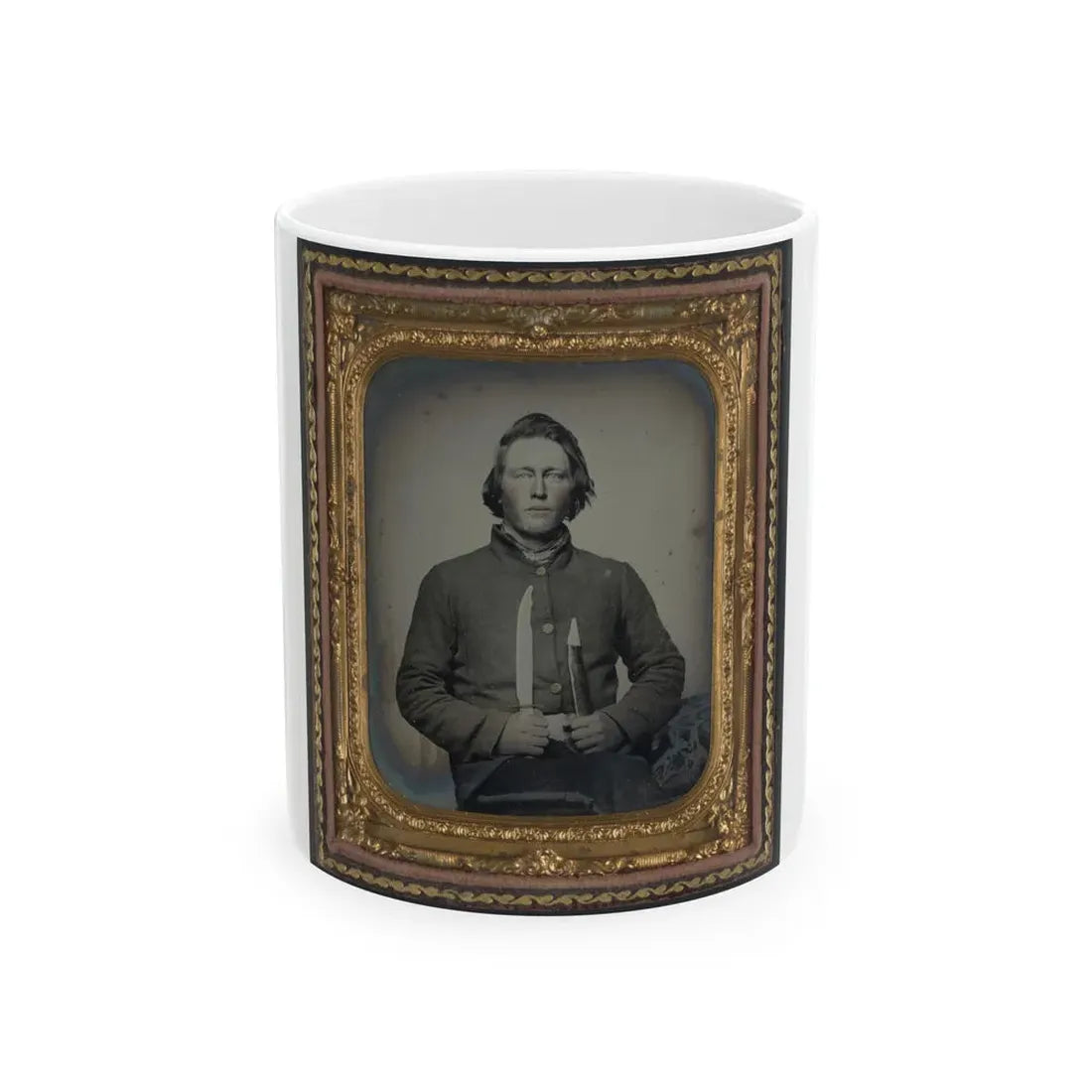 Private Samuel H. Wilhelm Of I Company, 4th Virginia Infantry Regiment With Knife (U.S. Civil War) White Coffee Mug 11oz - Go Mug Yourself