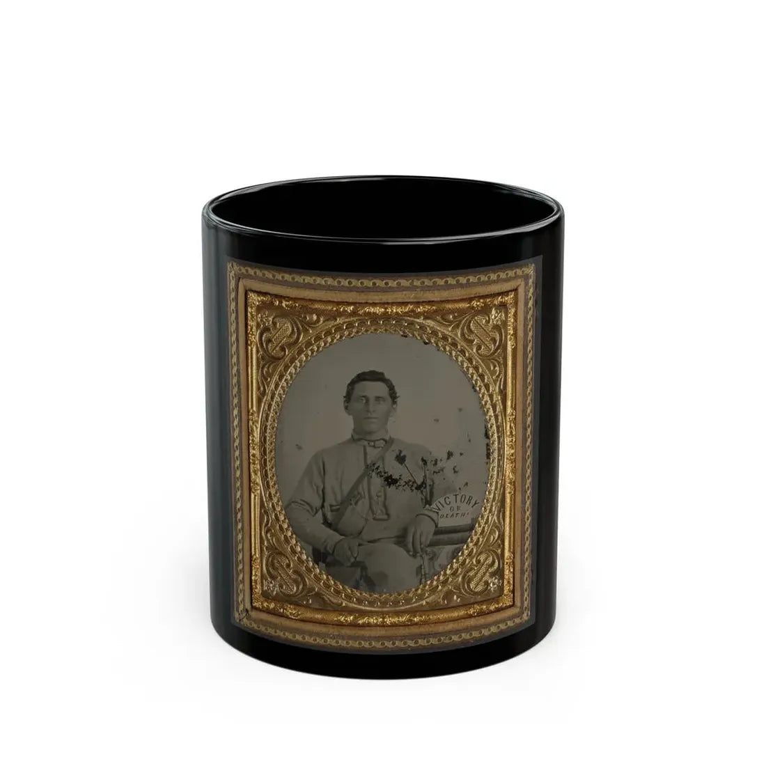 Private Silas A. Shirley Of Co. H, 16th Mississippi Infantry Regiment, With Books And Sign Reading Victory Or Death! (U.S. Civil War) Black Coffee Mug 11oz - Go Mug Yourself