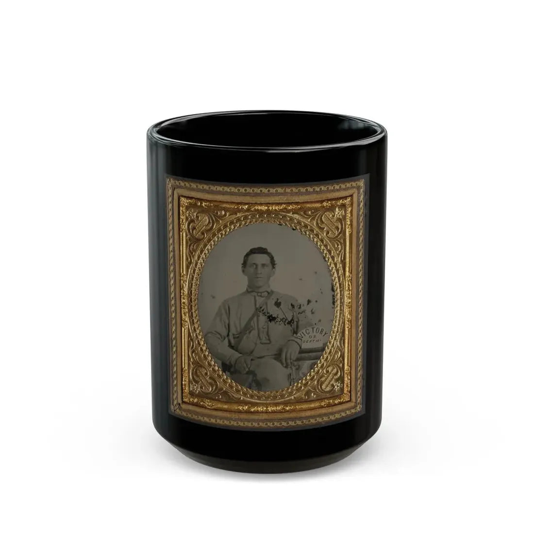 Private Silas A. Shirley Of Co. H, 16th Mississippi Infantry Regiment, With Books And Sign Reading Victory Or Death! (U.S. Civil War) Black Coffee Mug 15oz - Go Mug Yourself