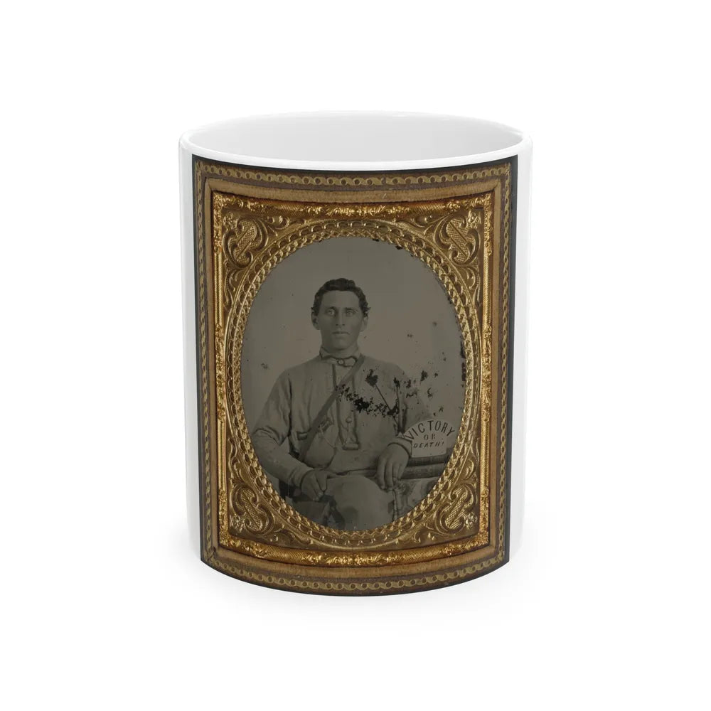 Private Silas A. Shirley Of Co. H, 16th Mississippi Infantry Regiment, With Books And Sign Reading Victory Or Death! (U.S. Civil War) White Coffee Mug-11oz-Go Mug Yourself