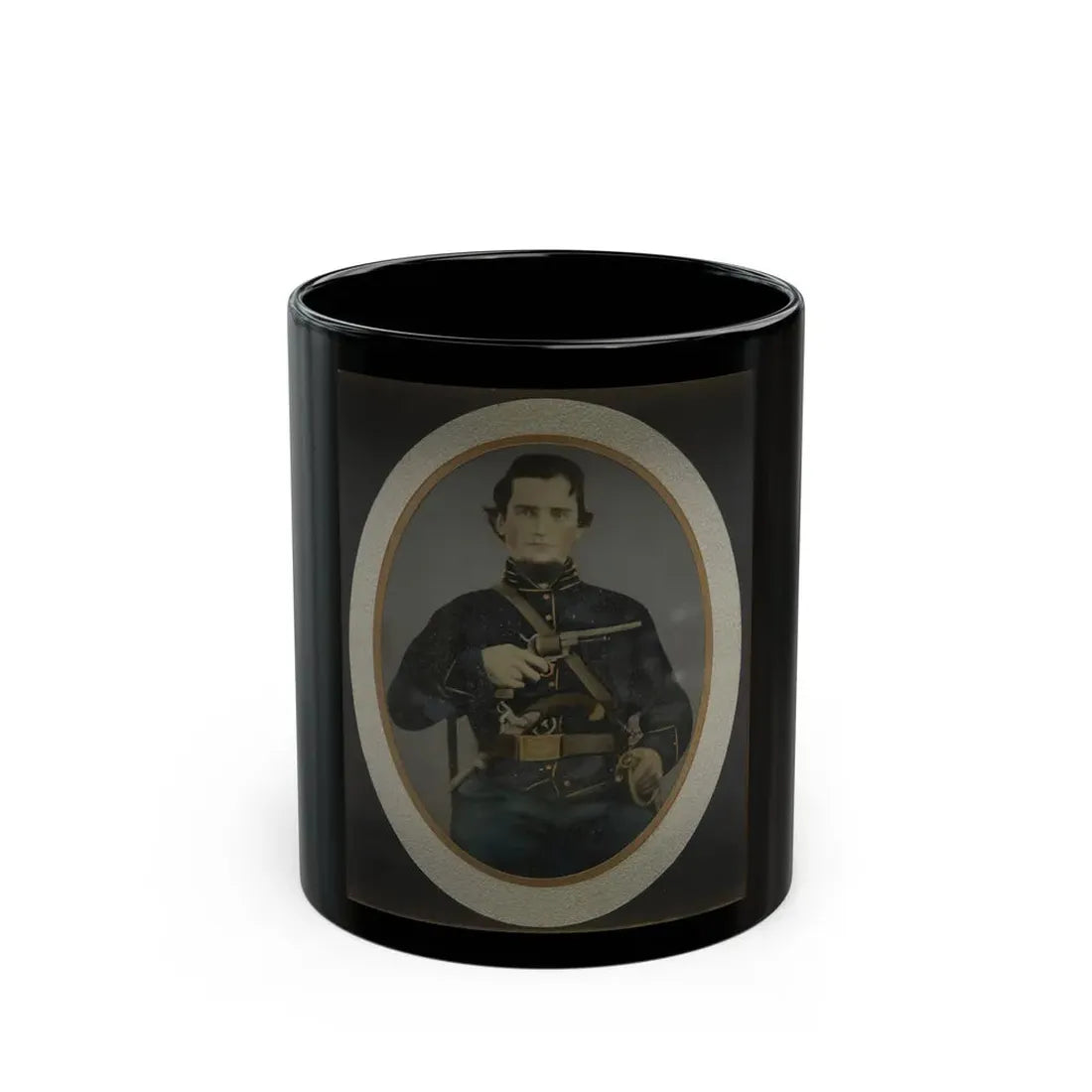 Private Silas York Of Co. F, 5th Illinois Cavalry Regiment, With Single Shot Percussion Pistol, Lefaucheux Revolver, And Sword (U.S. Civil War) Black Coffee Mug 11oz - Go Mug Yourself