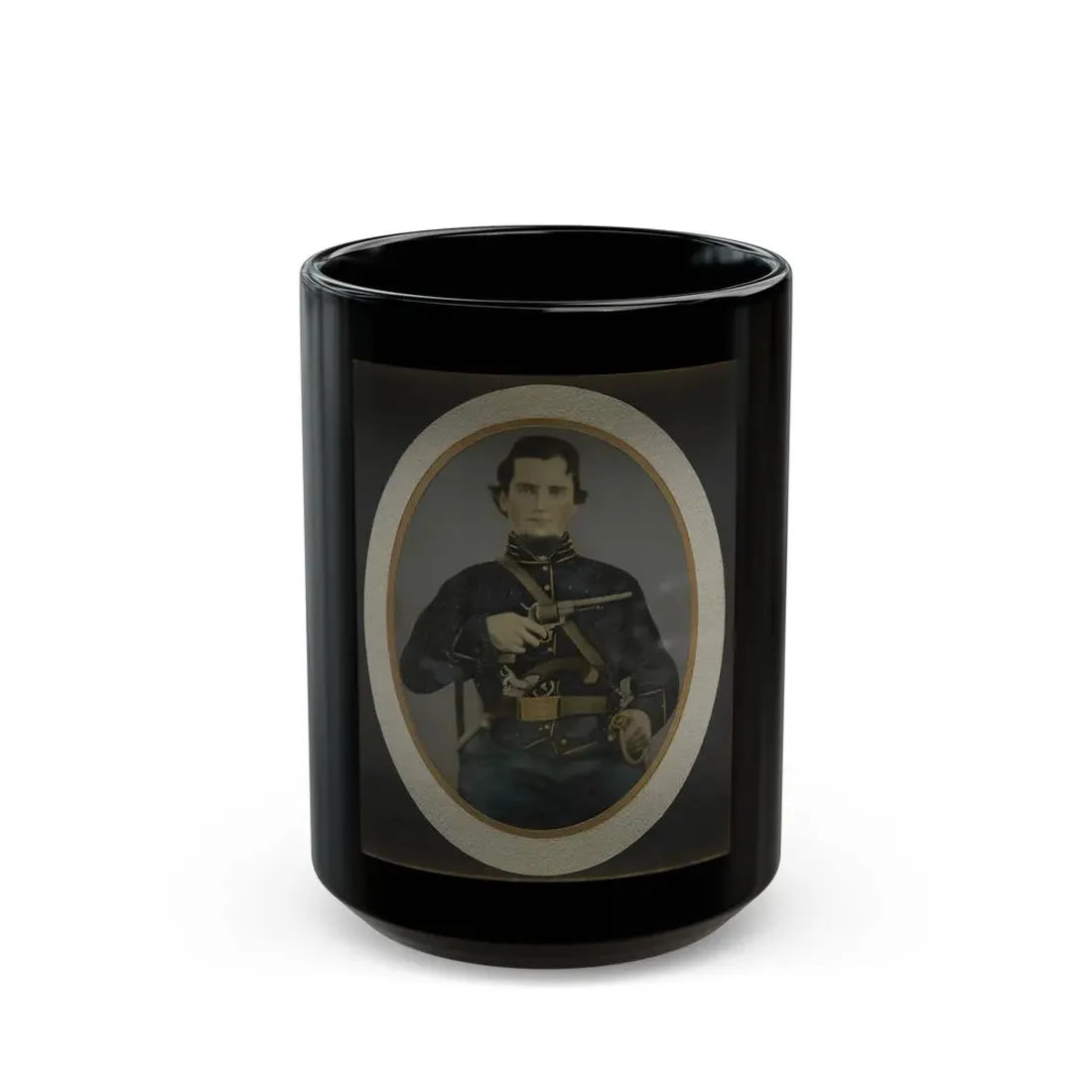 Private Silas York Of Co. F, 5th Illinois Cavalry Regiment, With Single Shot Percussion Pistol, Lefaucheux Revolver, And Sword (U.S. Civil War) Black Coffee Mug 15oz - Go Mug Yourself
