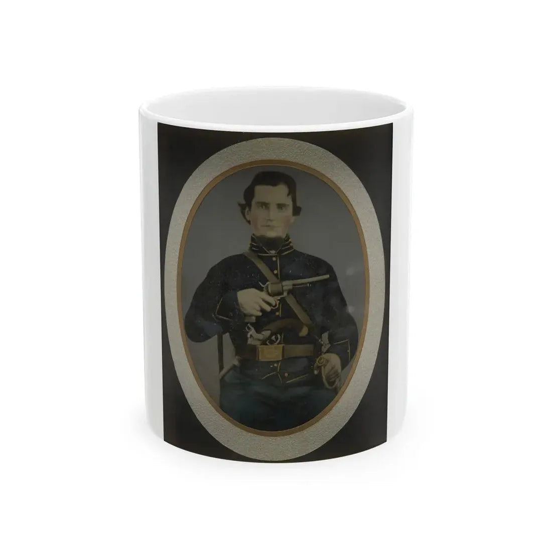 Private Silas York Of Co. F, 5th Illinois Cavalry Regiment, With Single Shot Percussion Pistol, Lefaucheux Revolver, And Sword (U.S. Civil War) White Coffee Mug 11oz - Go Mug Yourself