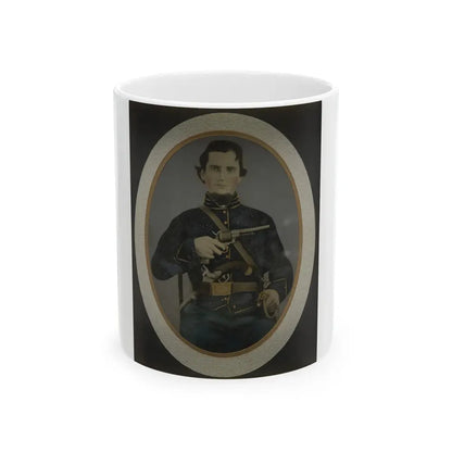 Private Silas York Of Co. F, 5th Illinois Cavalry Regiment, With Single Shot Percussion Pistol, Lefaucheux Revolver, And Sword (U.S. Civil War) White Coffee Mug 11oz - Go Mug Yourself