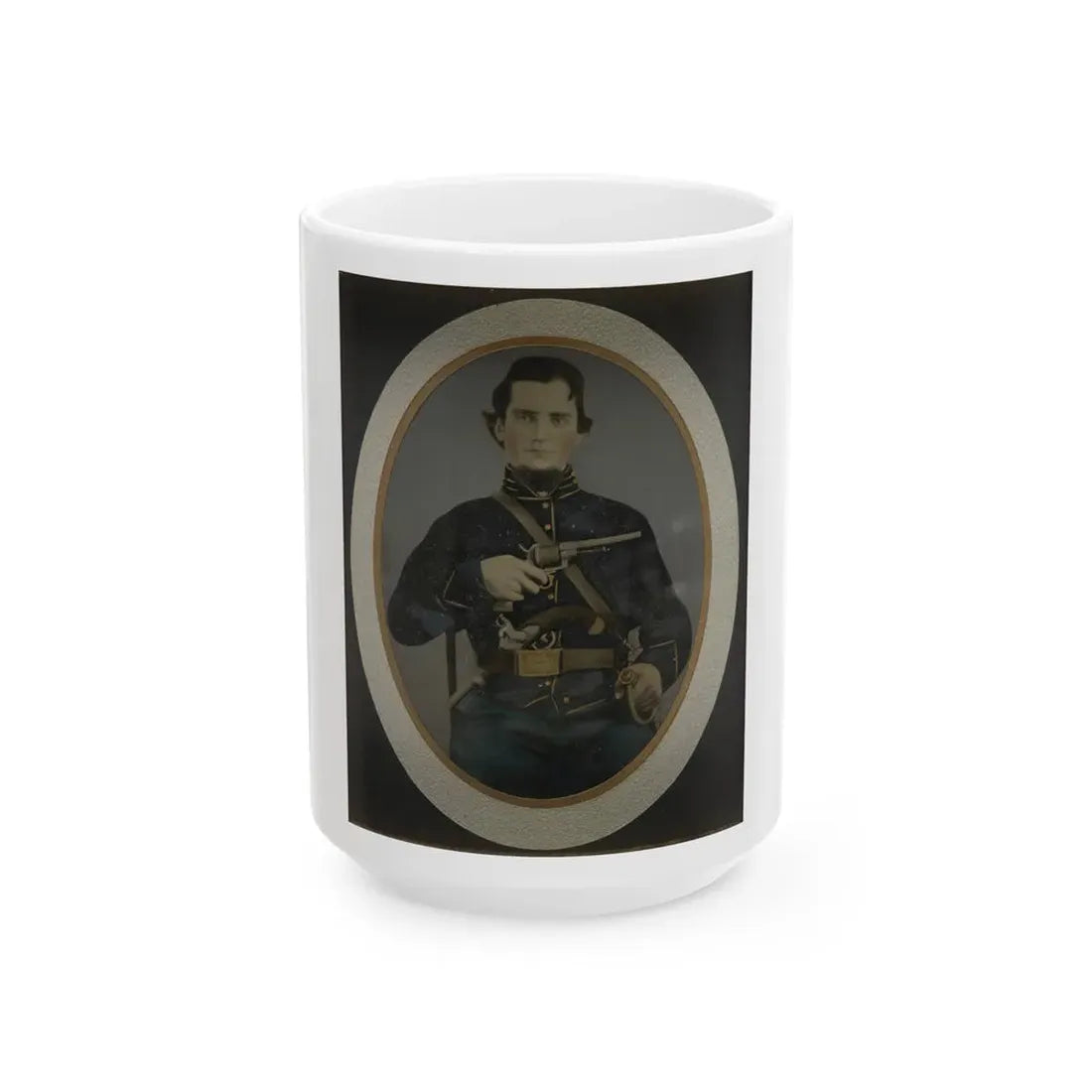 Private Silas York Of Co. F, 5th Illinois Cavalry Regiment, With Single Shot Percussion Pistol, Lefaucheux Revolver, And Sword (U.S. Civil War) White Coffee Mug 15oz - Go Mug Yourself