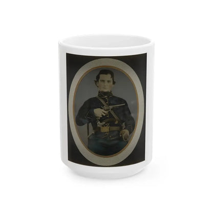 Private Silas York Of Co. F, 5th Illinois Cavalry Regiment, With Single Shot Percussion Pistol, Lefaucheux Revolver, And Sword (U.S. Civil War) White Coffee Mug 15oz - Go Mug Yourself