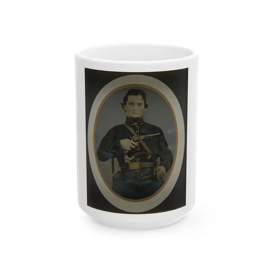 Private Silas York Of Co. F, 5th Illinois Cavalry Regiment, With Single Shot Percussion Pistol, Lefaucheux Revolver, And Sword (U.S. Civil War) White Coffee Mug 15oz - Go Mug Yourself