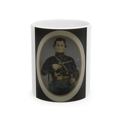 Private Silas York Of Co. F, 5th Illinois Cavalry Regiment, With Single Shot Percussion Pistol, Lefaucheux Revolver, And Sword (U.S. Civil War) White Coffee Mug-11oz-Go Mug Yourself