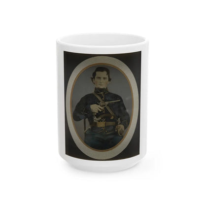 Private Silas York Of Co. F, 5th Illinois Cavalry Regiment, With Single Shot Percussion Pistol, Lefaucheux Revolver, And Sword (U.S. Civil War) White Coffee Mug-15oz-Go Mug Yourself