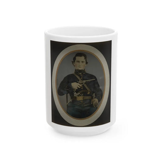 Private Silas York Of Co. F, 5th Illinois Cavalry Regiment, With Single Shot Percussion Pistol, Lefaucheux Revolver, And Sword (U.S. Civil War) White Coffee Mug-15oz-Go Mug Yourself