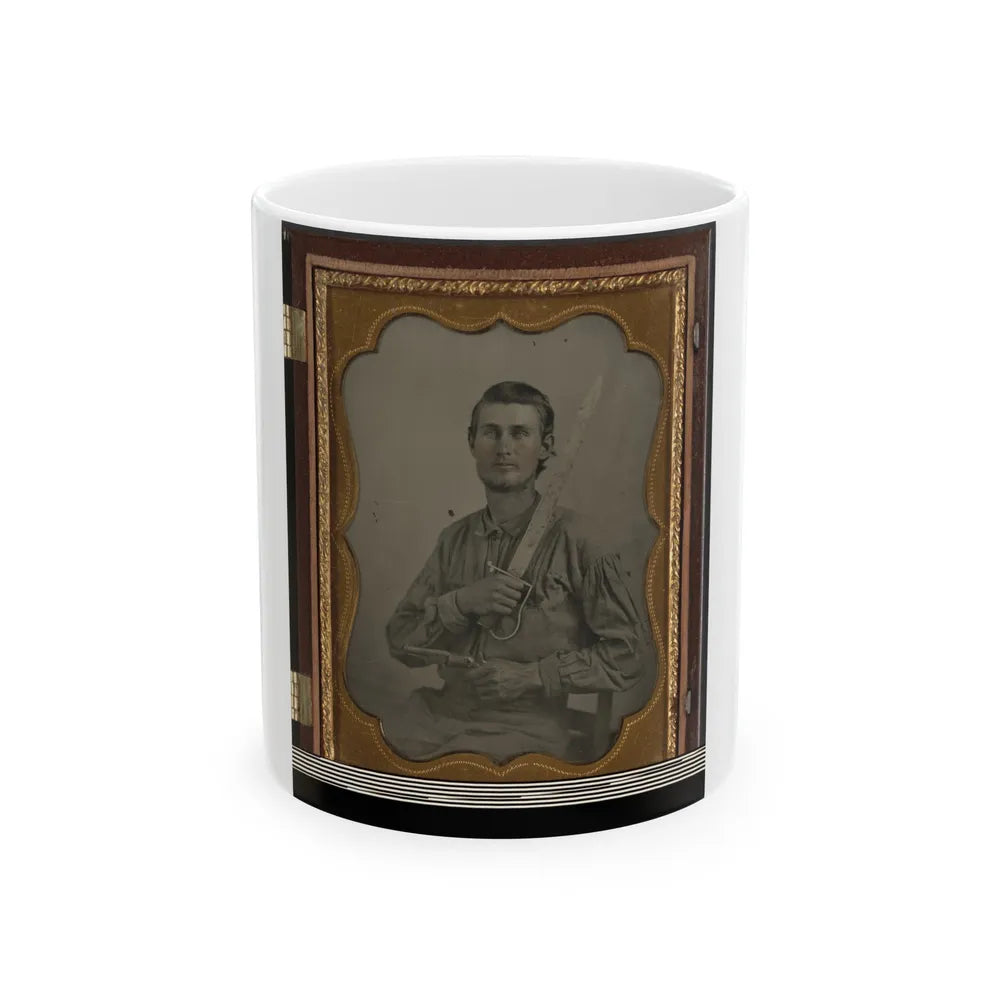 Private Simeon J. Crews Of Co. F, 7th Texas Cavalry Regiment, With Cut Down Saber And Revolver (U.S. Civil War) White Coffee Mug-11oz-Go Mug Yourself