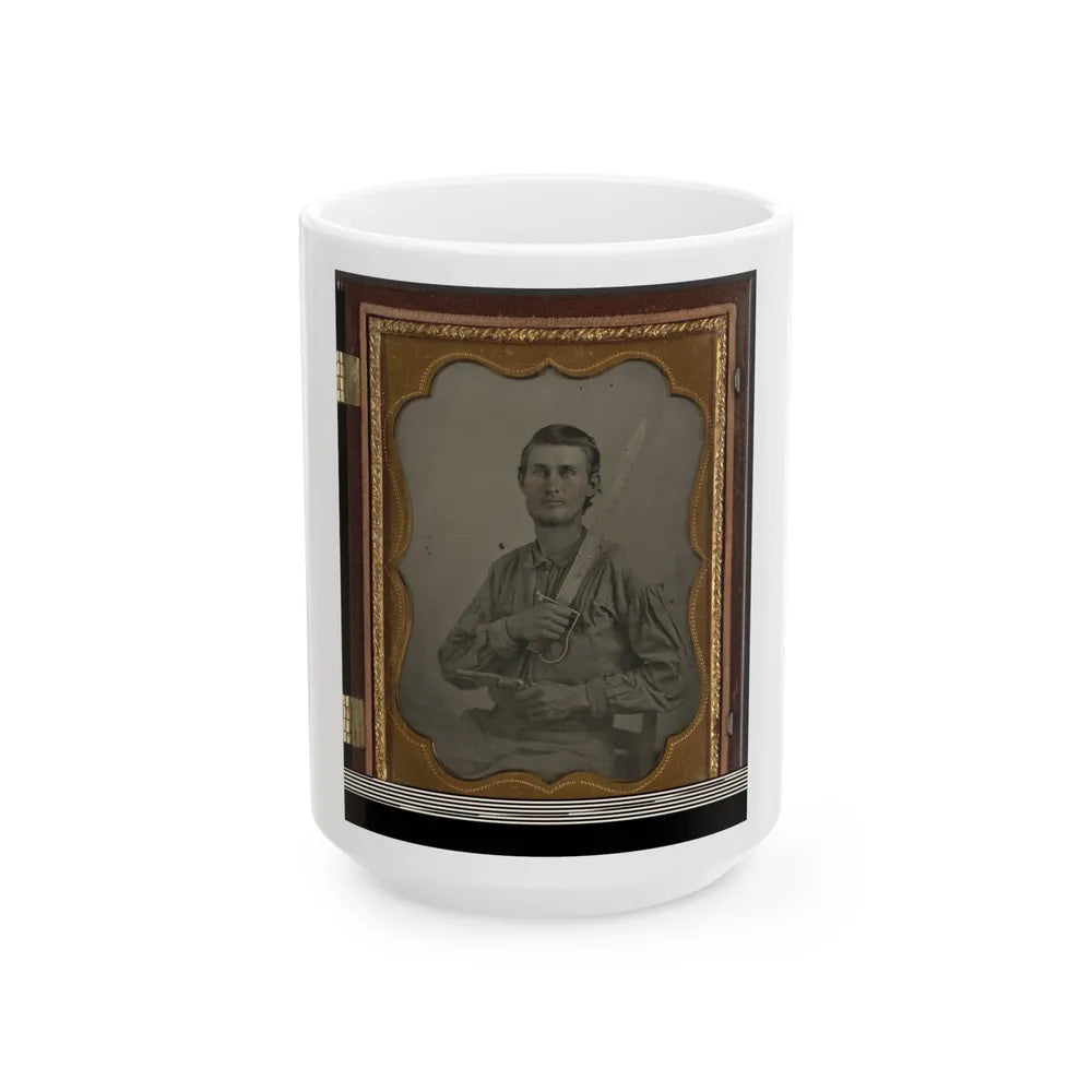 Private Simeon J. Crews Of Co. F, 7th Texas Cavalry Regiment, With Cut Down Saber And Revolver (U.S. Civil War) White Coffee Mug-15oz-Go Mug Yourself