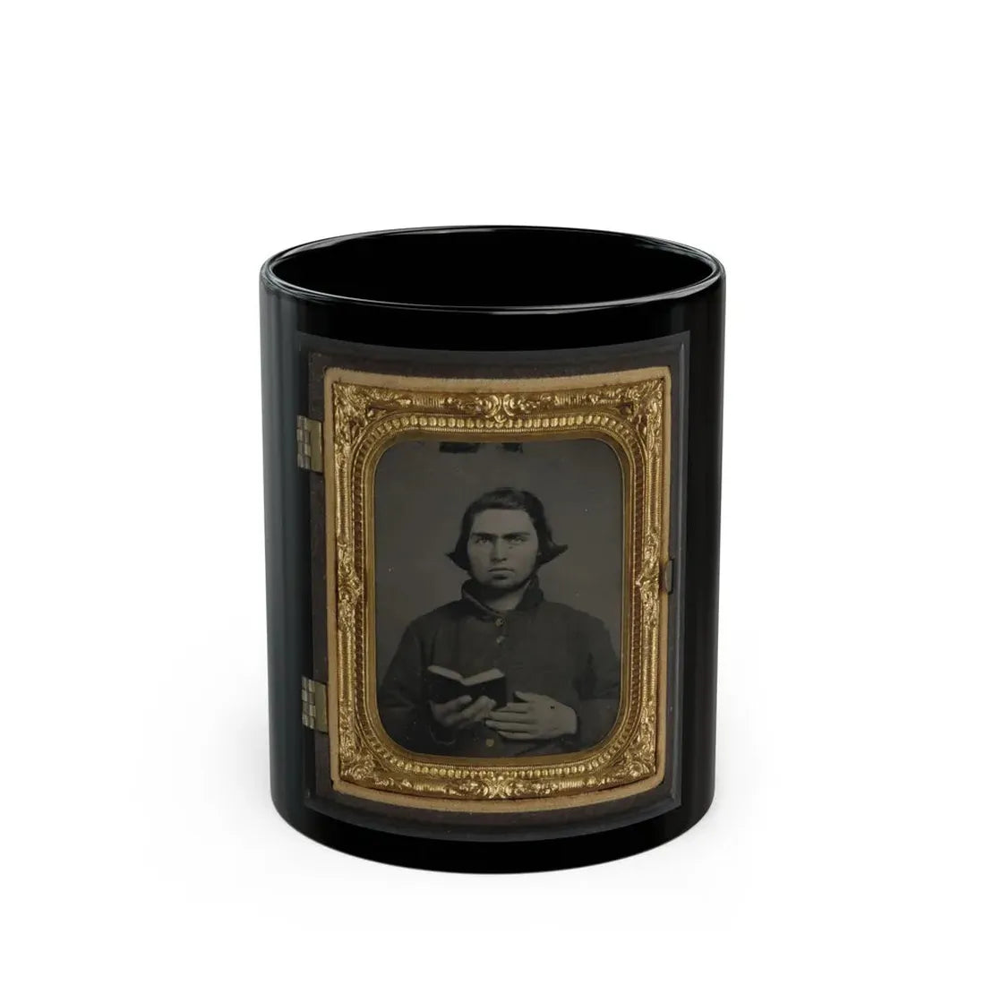Private Thomas Mccreary Of Co. E, 3rd Kentucky Cavalry Regiment, In A Columbus Depot Jacket And Holding A Book (U.S. Civil War) Black Coffee Mug 11oz - Go Mug Yourself