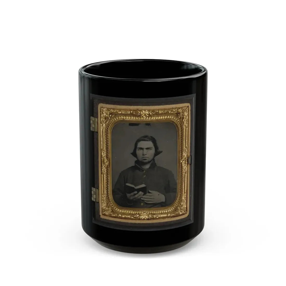 Private Thomas Mccreary Of Co. E, 3rd Kentucky Cavalry Regiment, In A Columbus Depot Jacket And Holding A Book (U.S. Civil War) Black Coffee Mug 15oz - Go Mug Yourself