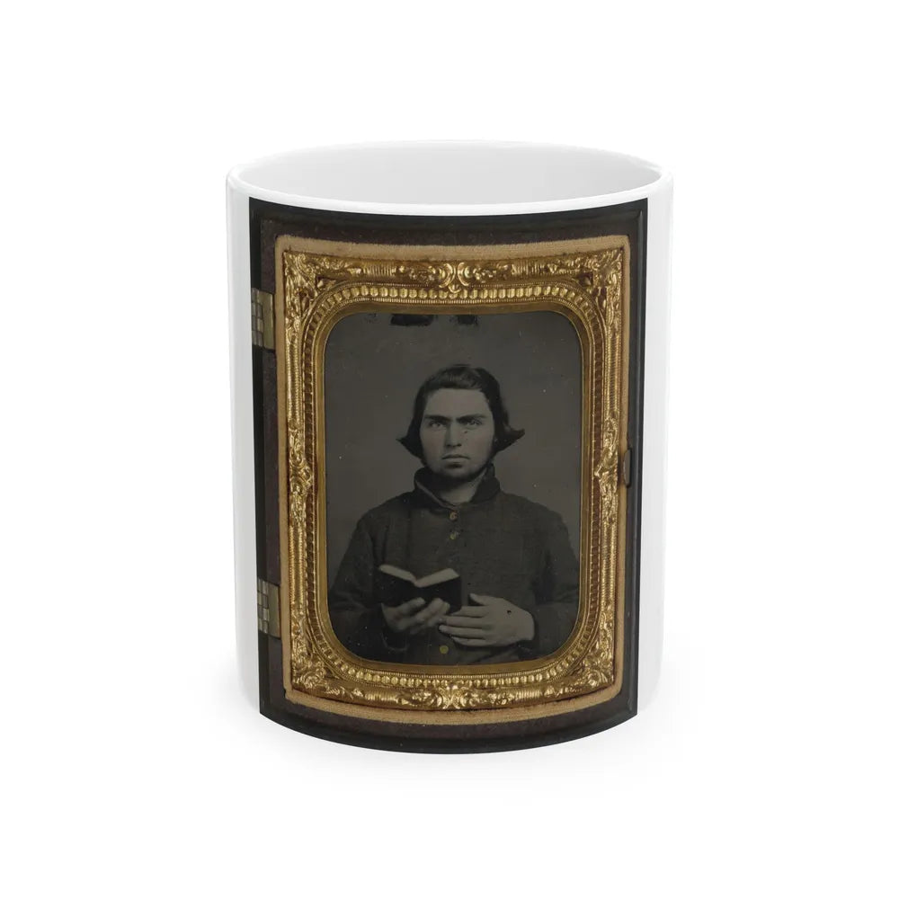 Private Thomas Mccreary Of Co. E, 3rd Kentucky Cavalry Regiment, In A Columbus Depot Jacket And Holding A Book (U.S. Civil War) White Coffee Mug-11oz-Go Mug Yourself