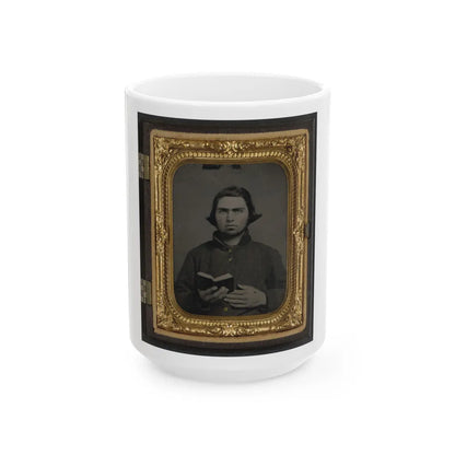 Private Thomas Mccreary Of Co. E, 3rd Kentucky Cavalry Regiment, In A Columbus Depot Jacket And Holding A Book (U.S. Civil War) White Coffee Mug-15oz-Go Mug Yourself