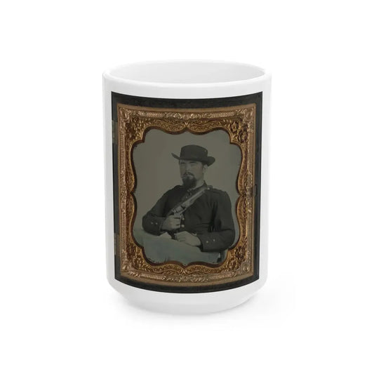 Private William B. Todd Of Company E, 9th Virginia Cavalry Regiment With Colt Army Revolver And Smoking A Cigar (U.S. Civil War) White Coffee Mug 15oz - Go Mug Yourself