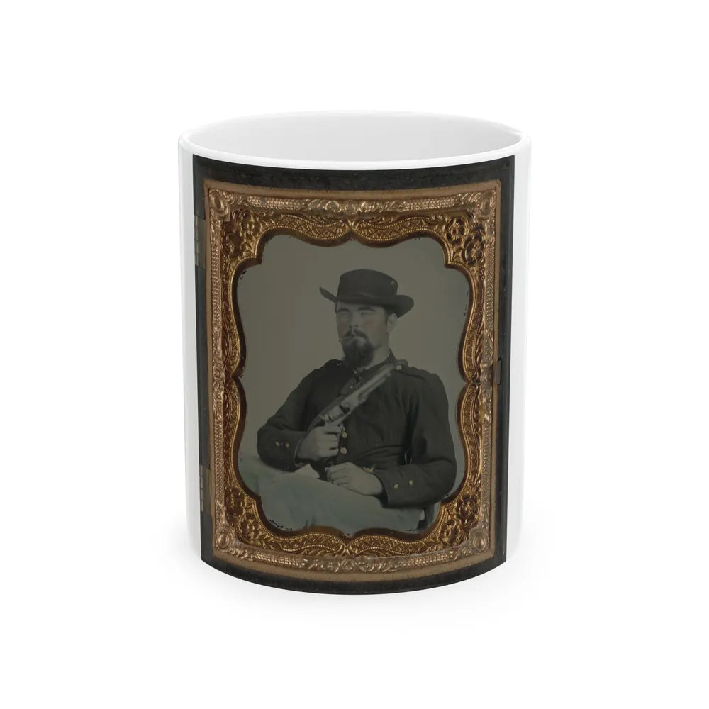 Private William B. Todd Of Company E, 9th Virginia Cavalry Regiment With Colt Army Revolver And Smoking A Cigar (U.S. Civil War) White Coffee Mug-11oz-Go Mug Yourself