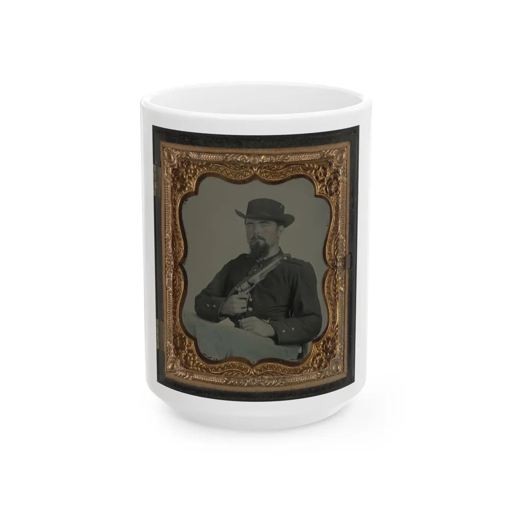 Private William B. Todd Of Company E, 9th Virginia Cavalry Regiment With Colt Army Revolver And Smoking A Cigar (U.S. Civil War) White Coffee Mug-15oz-Go Mug Yourself