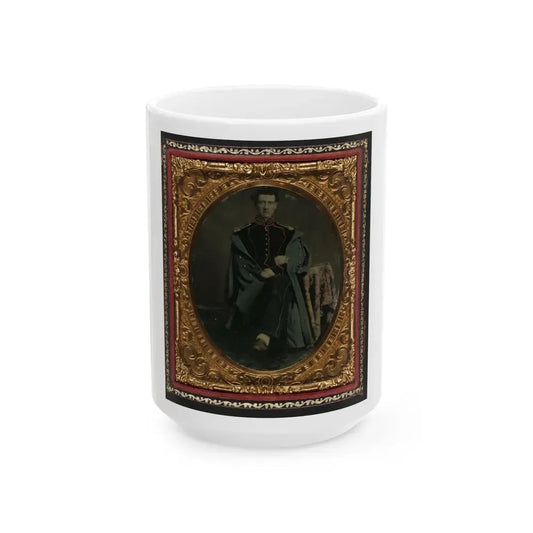 Private William P. Haberlin Of Battery B, Pennsylvania Light Artillery In Uniform With Shoulder Scales And Great Coat (U.S. Civil War) White Coffee Mug 15oz - Go Mug Yourself