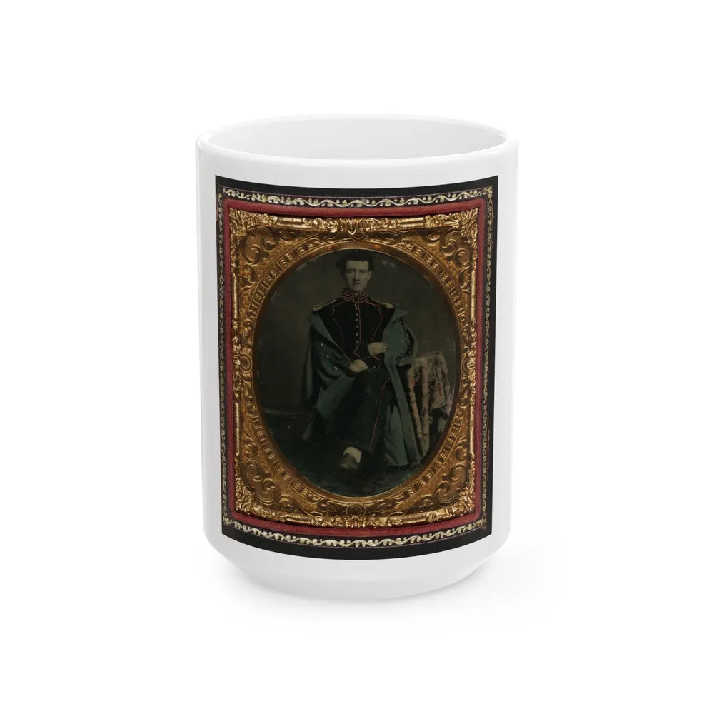 Private William P. Haberlin Of Battery B, Pennsylvania Light Artillery In Uniform With Shoulder Scales And Great Coat (U.S. Civil War) White Coffee Mug-15oz-Go Mug Yourself