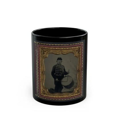 Private William V. Haines Of Company H, 49th Ohio Infantry Regiment, In Uniform And Ohio Volunteer Militia Belt Buckle With Drum (U.S. Civil War) Black Coffee Mug 11oz - Go Mug Yourself
