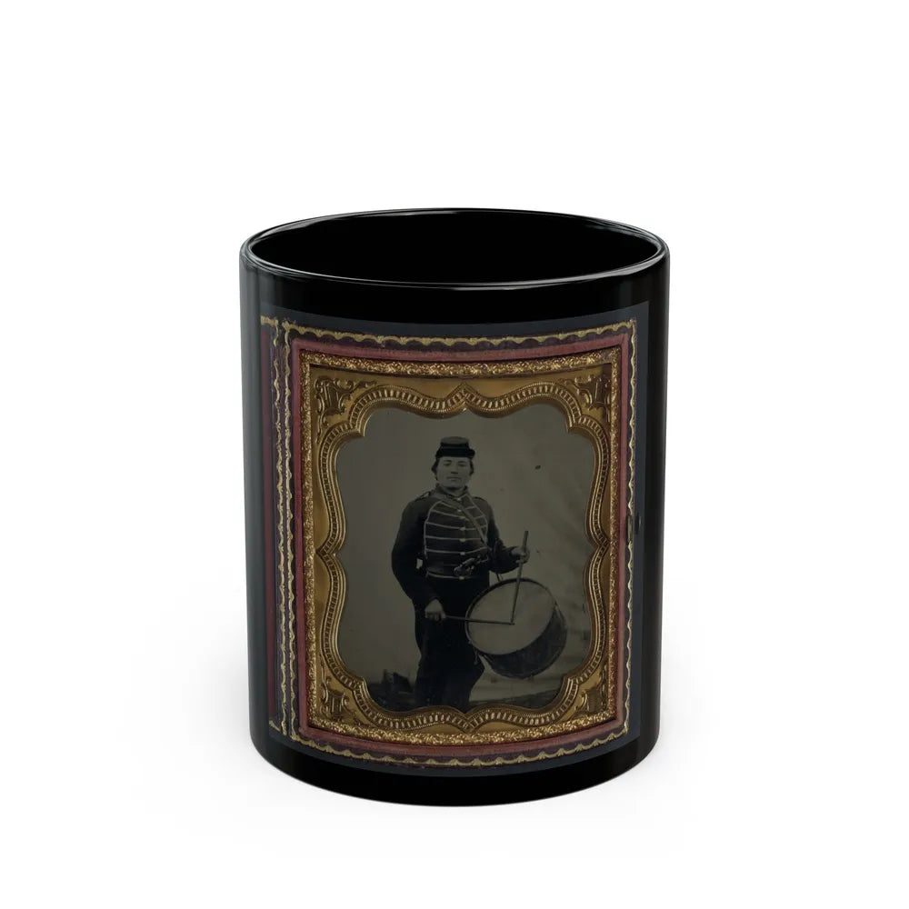 Private William V. Haines Of Company H, 49th Ohio Infantry Regiment, In Uniform And Ohio Volunteer Militia Belt Buckle With Drum (U.S. Civil War) Black Coffee Mug-11oz-Go Mug Yourself