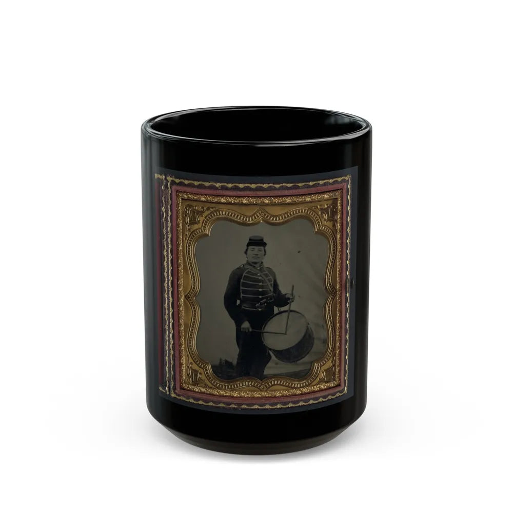 Private William V. Haines Of Company H, 49th Ohio Infantry Regiment, In Uniform And Ohio Volunteer Militia Belt Buckle With Drum (U.S. Civil War) Black Coffee Mug-15oz-Go Mug Yourself