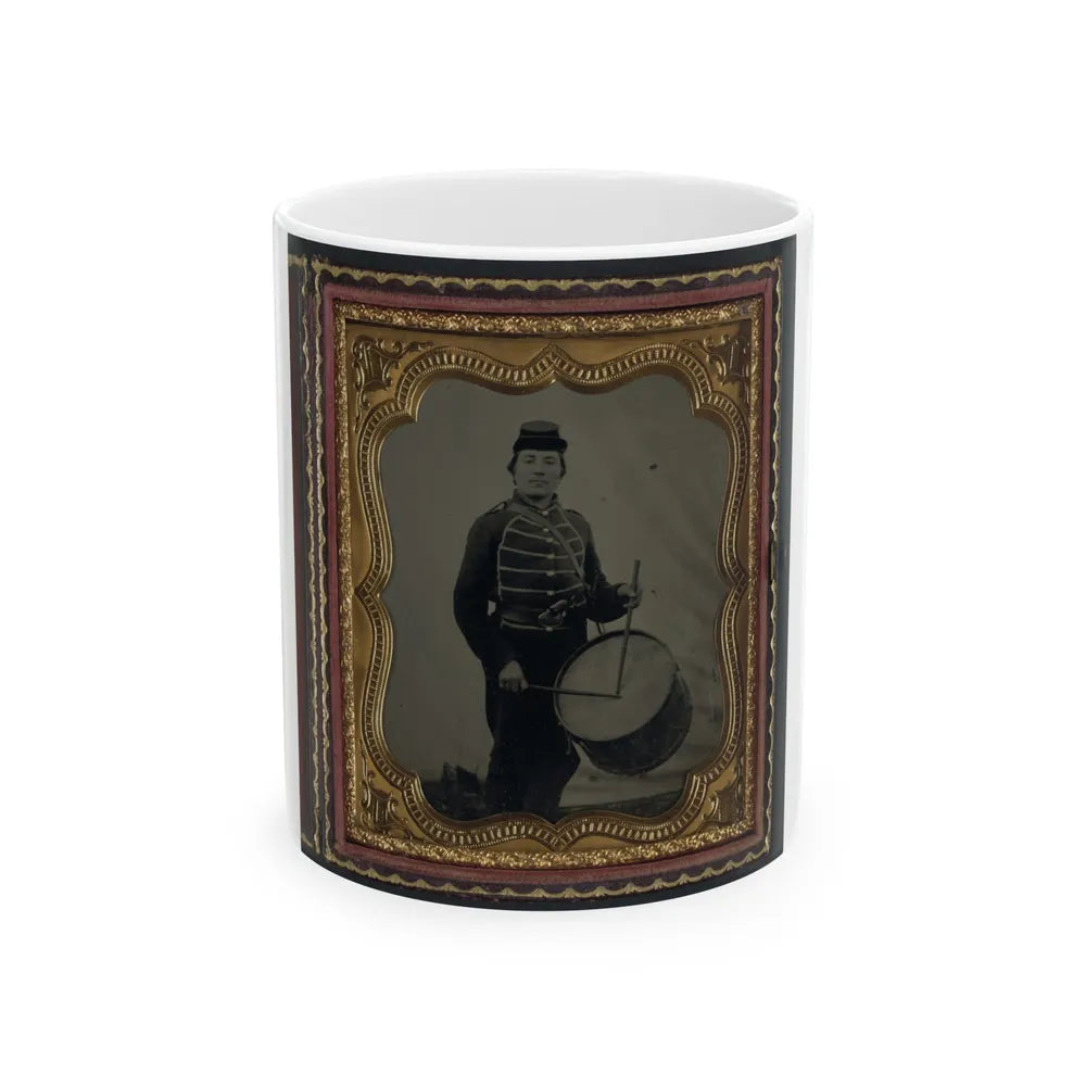 Private William V. Haines Of Company H, 49th Ohio Infantry Regiment, In Uniform And Ohio Volunteer Militia Belt Buckle With Drum (U.S. Civil War) White Coffee Mug-11oz-Go Mug Yourself