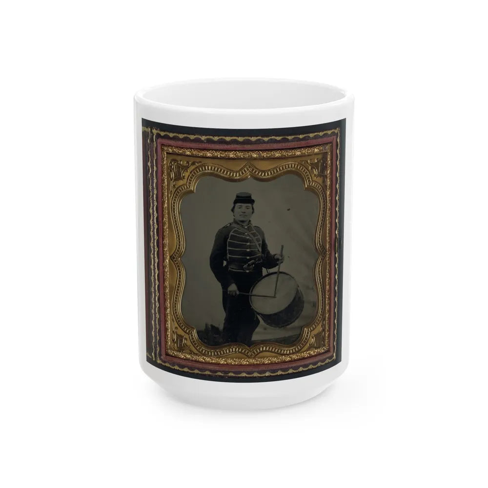 Private William V. Haines Of Company H, 49th Ohio Infantry Regiment, In Uniform And Ohio Volunteer Militia Belt Buckle With Drum (U.S. Civil War) White Coffee Mug-15oz-Go Mug Yourself