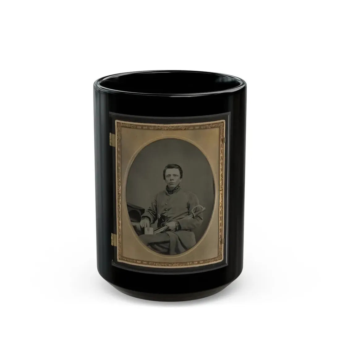 Private W.R. Clack Of Co. B, 43rd Tennessee Infantry Regiment, With Saber, Pistol, And Small Book (U.S. Civil War) Black Coffee Mug 15oz - Go Mug Yourself