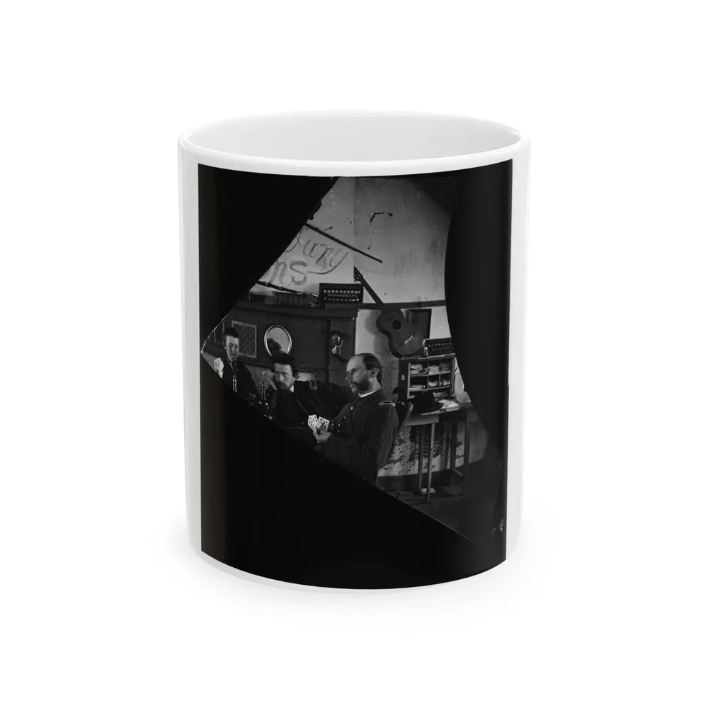 Quarters Of Dr. David Mckay (Army Of The James), Interior View Withi Men Playing Cards (U.S. Civil War) White Coffee Mug-11oz-Go Mug Yourself