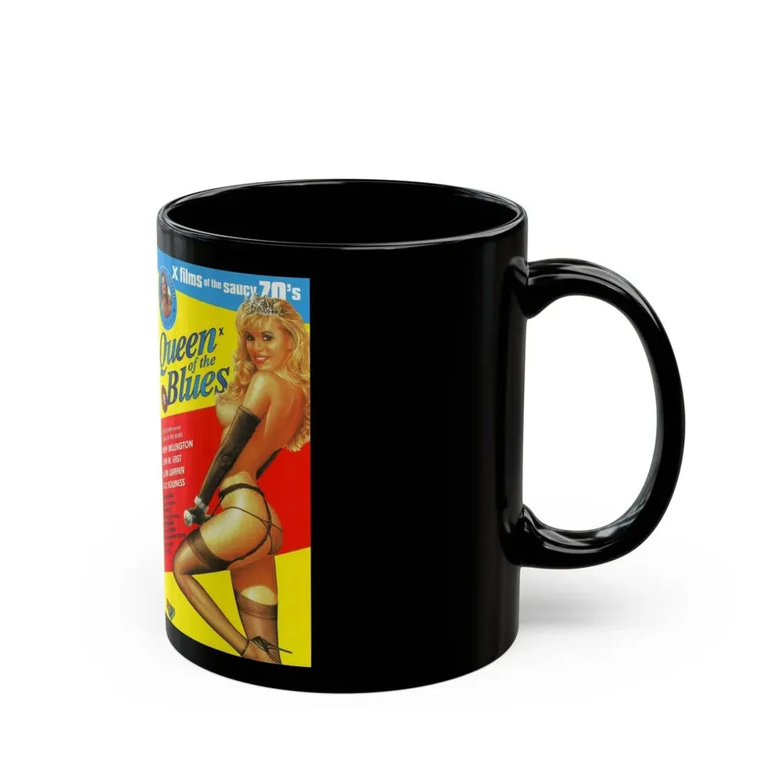 QUEEN OF THE BLUES X FILMS OF THE SAUCY 70S (VHS COVER) - Black Coffee Mug - Go Mug Yourself