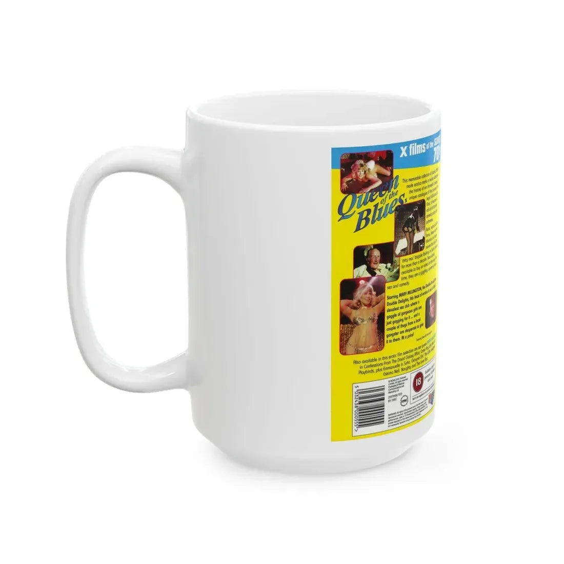 QUEEN OF THE BLUES X FILMS OF THE SAUCY 70S (VHS COVER) - White Coffee Mug - Go Mug Yourself