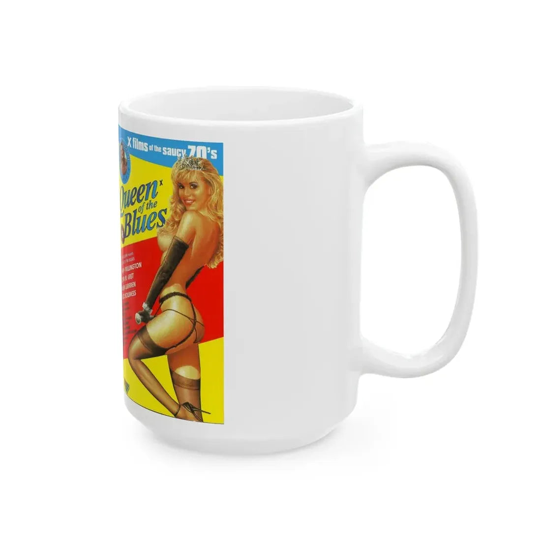 QUEEN OF THE BLUES X FILMS OF THE SAUCY 70S (VHS COVER) - White Coffee Mug - Go Mug Yourself