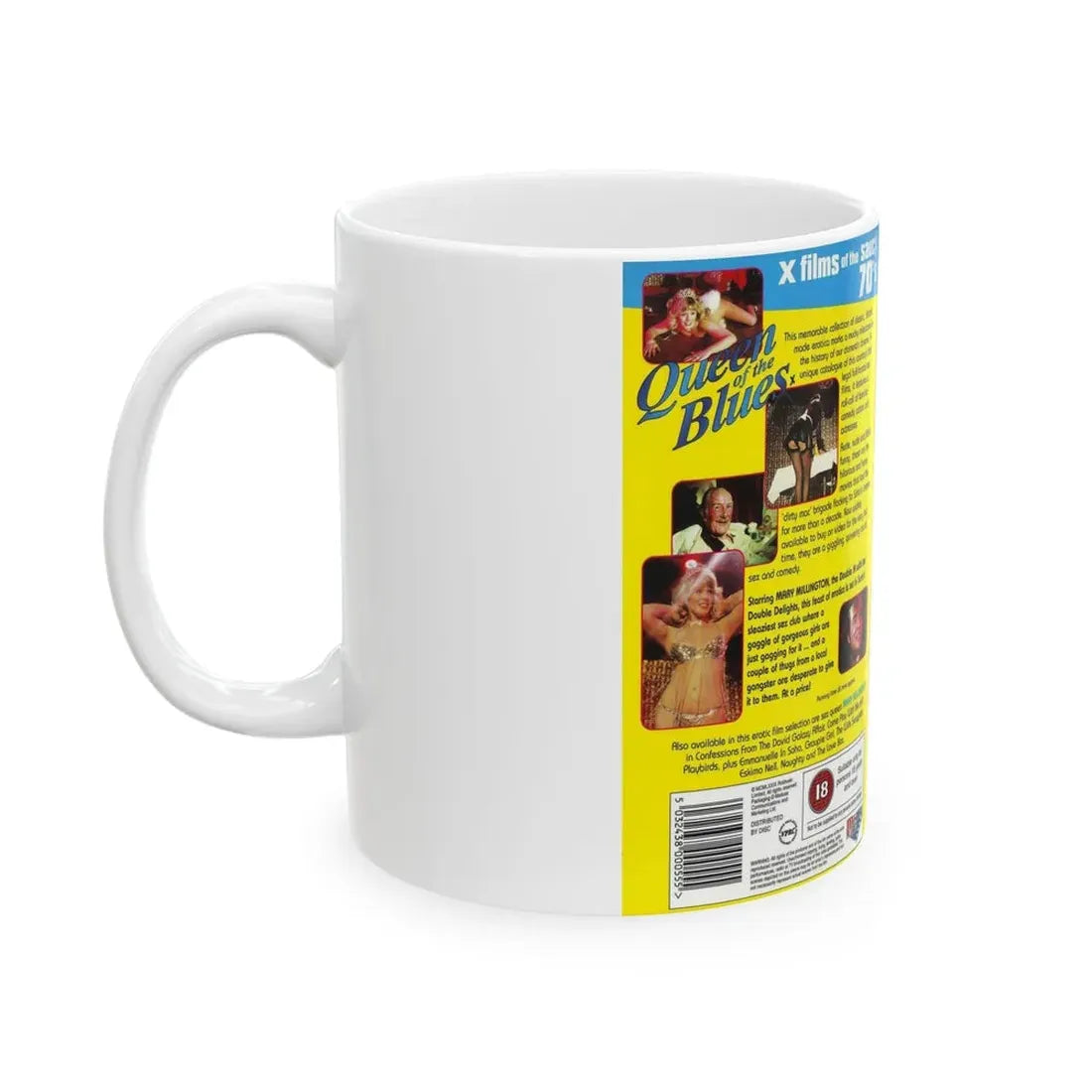 QUEEN OF THE BLUES X FILMS OF THE SAUCY 70S (VHS COVER) - White Coffee Mug - Go Mug Yourself