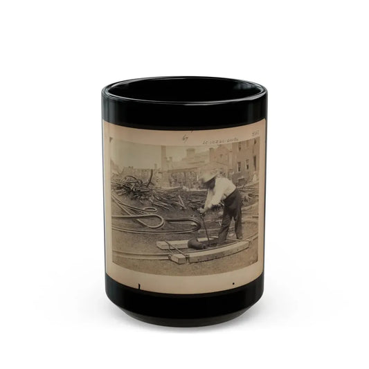 Railroad Construction Worker Straightening Track; Pile Of Twisted Rails In Background. 1862-63 (U.S. Civil War) Black Coffee Mug 15oz - Go Mug Yourself