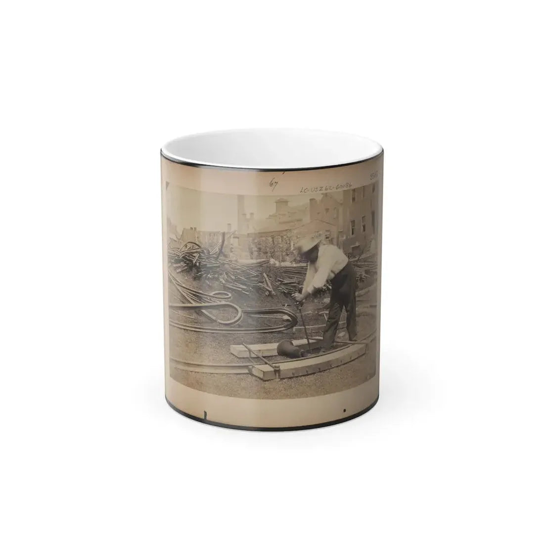 Railroad Construction Worker Straightening Track; Pile of Twisted Rails in Background. 1862-63 (U.S. Civil War) Color Changing Coffee Mug 11oz Default Title 11oz - Go Mug Yourself