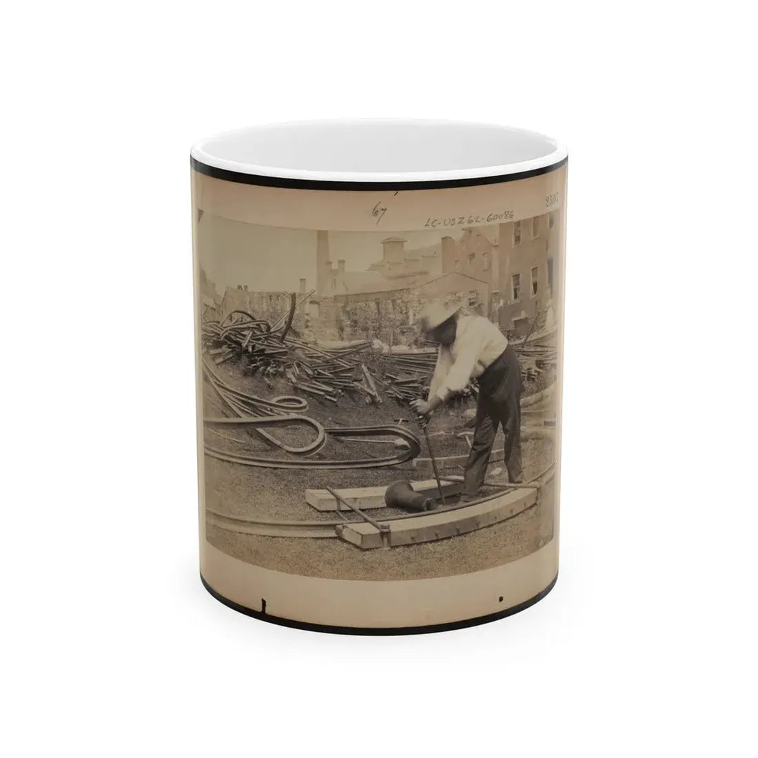 Railroad Construction Worker Straightening Track; Pile Of Twisted Rails In Background. 1862-63 (U.S. Civil War) White Coffee Mug 11oz - Go Mug Yourself