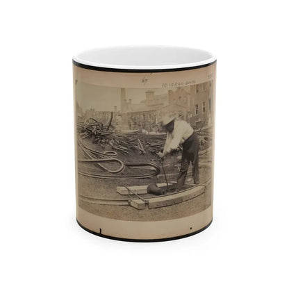 Railroad Construction Worker Straightening Track; Pile Of Twisted Rails In Background. 1862-63 (U.S. Civil War) White Coffee Mug 11oz - Go Mug Yourself